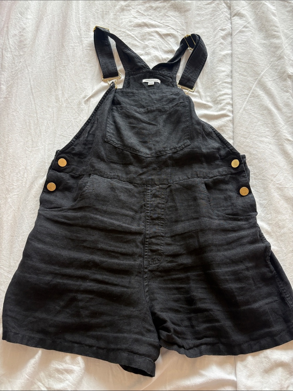 WeWoreWhat Black linen Short Overalls with Gold Buttons